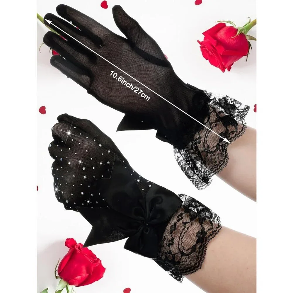 Women's Evening Rhinestones Black Short Lace Bow Gloves Accessories Halloween